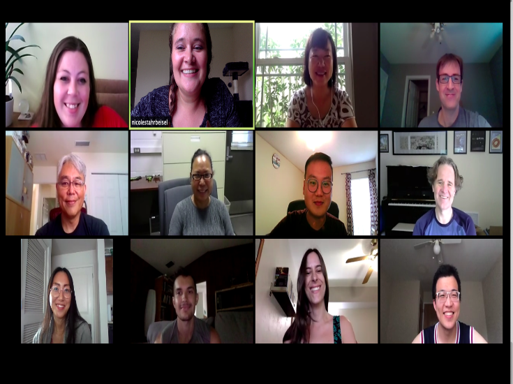 A screenshot of all our lab members smiling while working from home during a zoom meeting